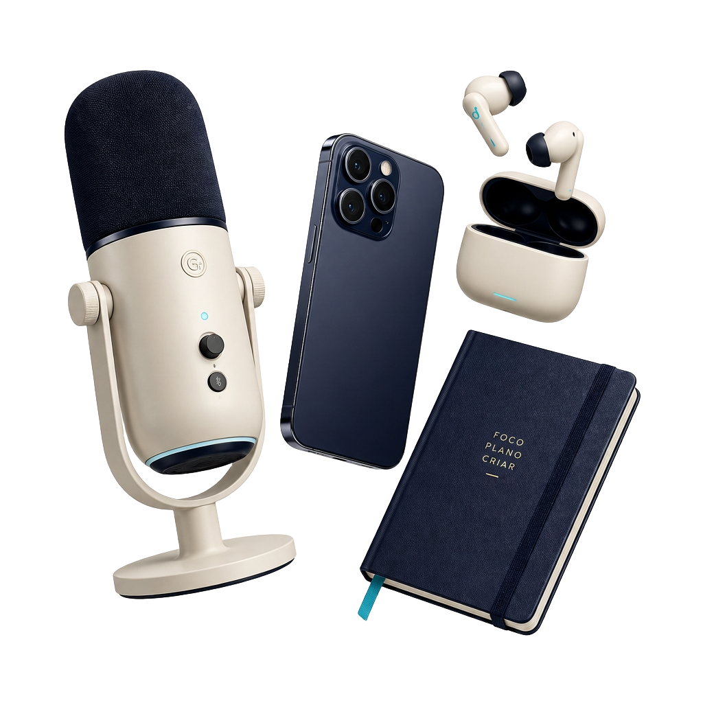 Componentes do método APA: microfone, smartphone, fones e caderno