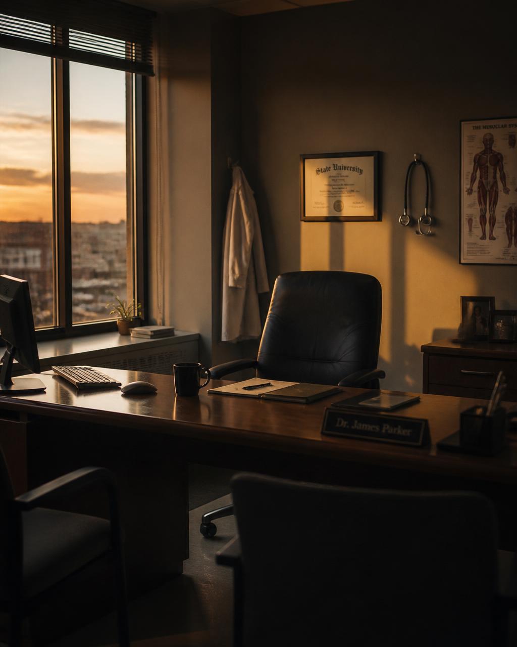 Ambiente de trabalho vazio ao entardecer